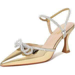Women's Rhinstone Gold Strap Bow Closed Toe Adjustable Pumps Heeled Shoes